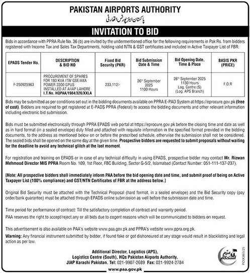 Pakistan Airports Authority Rawalpindi Tender Notice-1